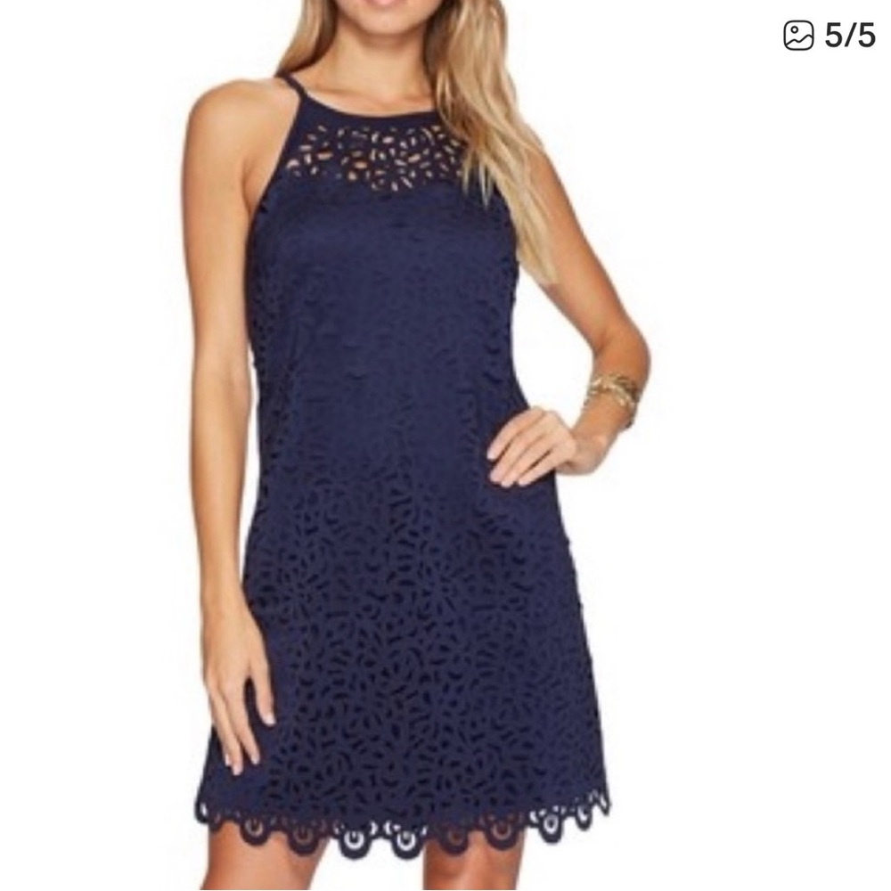 Lilly Pulitzer Navy Laser-Cut Halter Shift Dress